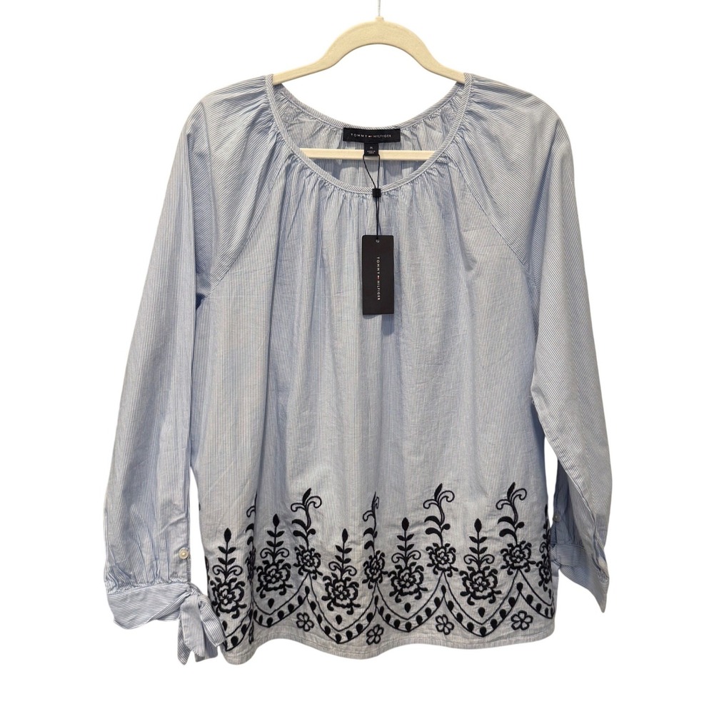 New Tommy Hilfiger Blue Striped Embroidered Blouse Tie Cuff Boho Cottagecore